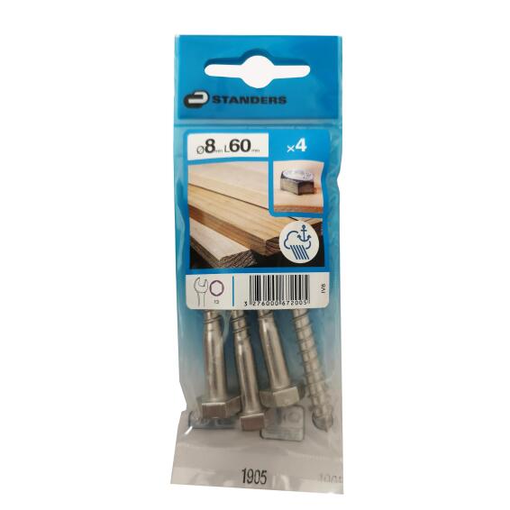 HEXAGON WOOD SCREW, STAINLESS STEEL 316 A4, 8X60, 4PCS, P1