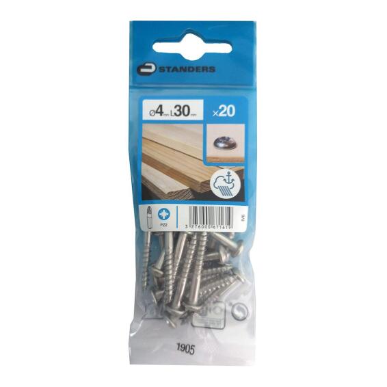 WOOD SCREW ROUND HEAD POZIDRIVE, STAINLESS STEEL 316 A4, 4X30, 20PCS, P1