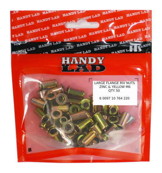 Rivnuts large flange zinc and yellow M6 50pc handy lad