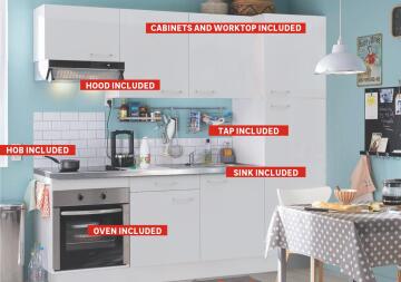 Kitchen One box White 240 cm all included :Candy hood,Oven,ceramic Hob,sink,tap&worktop, doors, cupboard, hinges, handles