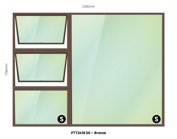 TOP HUNG ALUMINIUM WINDOW BRONZE PTT2418 2 VENT W2400MM x H1800MM