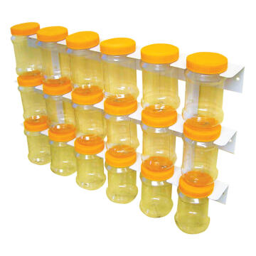 Storage bottles x18 with 3 tier rack W54cm x H12cm x D7.5cm per rack