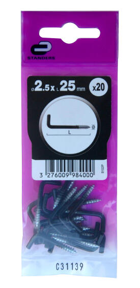 Cup hooks square black powder coated 2.5x25mm 20pc standers