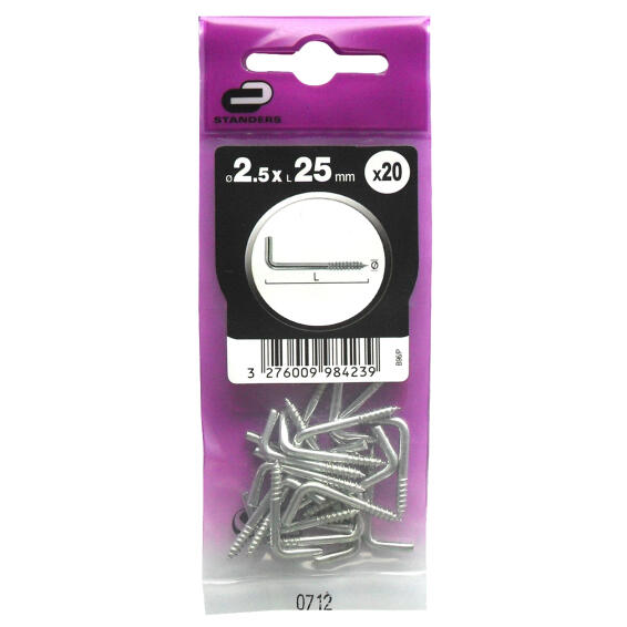 Cup hooks square zinc plated steel 2.5x25mm 20pc standers